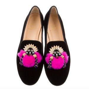 Christian Louboutin Mayamoc Fur-Detail Velvet Red Sole Loafer, Black